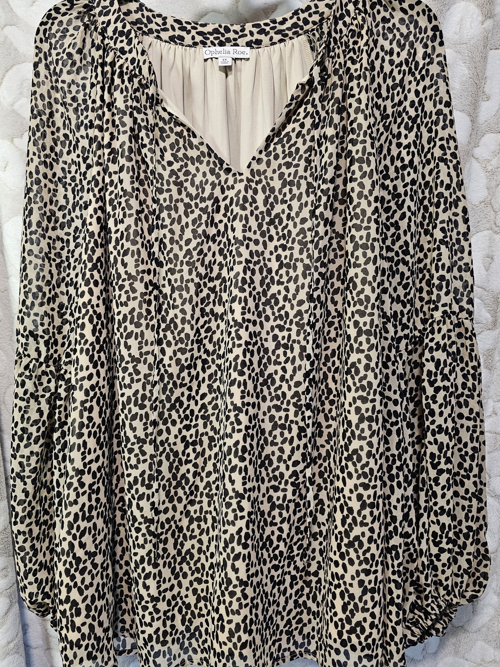 Ophelia Roe Beige and Black Leopard Print V-Neck Blouse